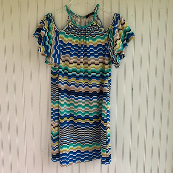 Trina Turk Dresses & Skirts - Trina Turk Cold Shoulder Butterfly Sleeve Multi Color Geometric Stripe Dress S